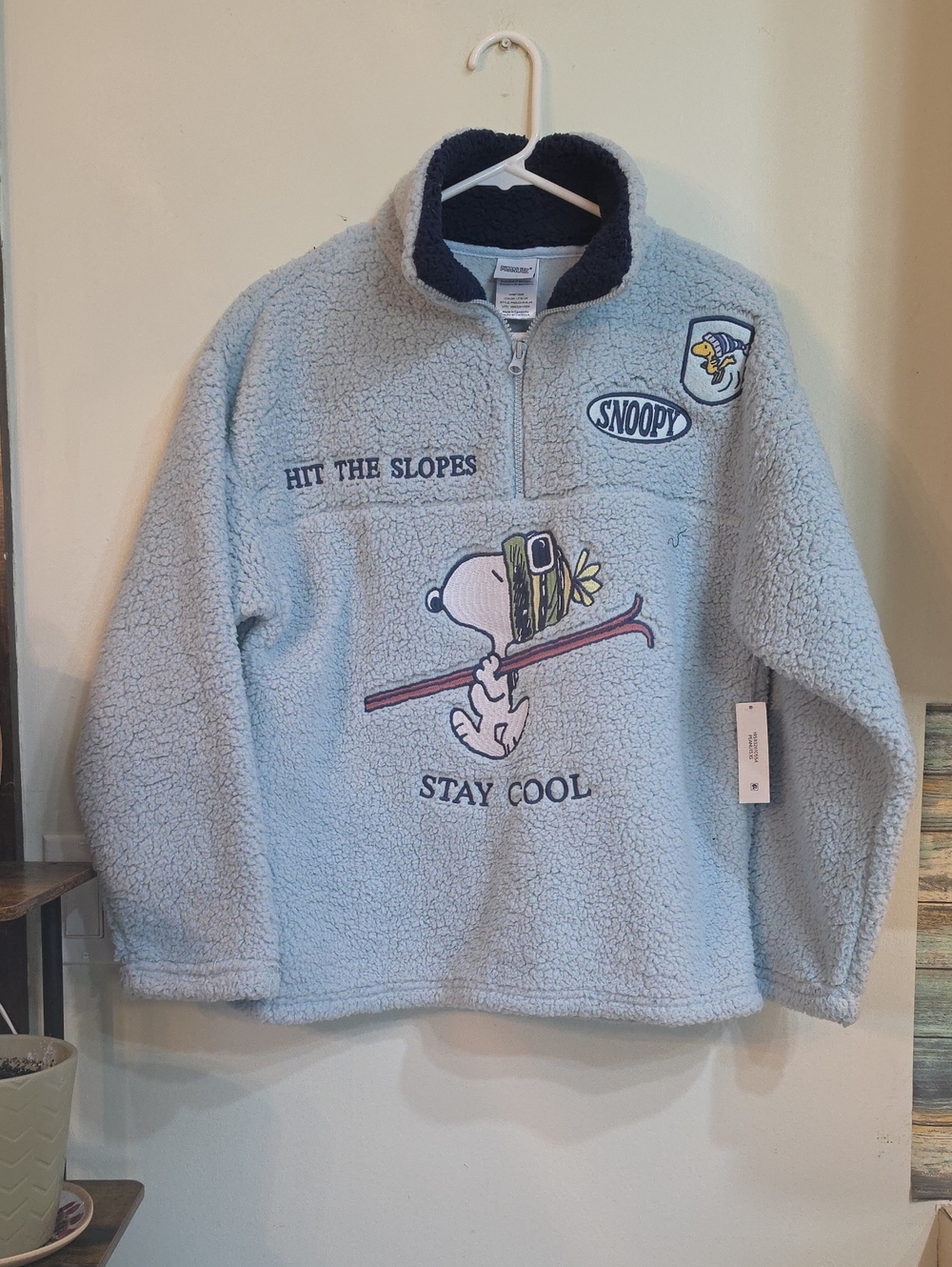 Peanuts Light Blue Sherpa Pullover Hoodie with Snoopy Ski Graphic